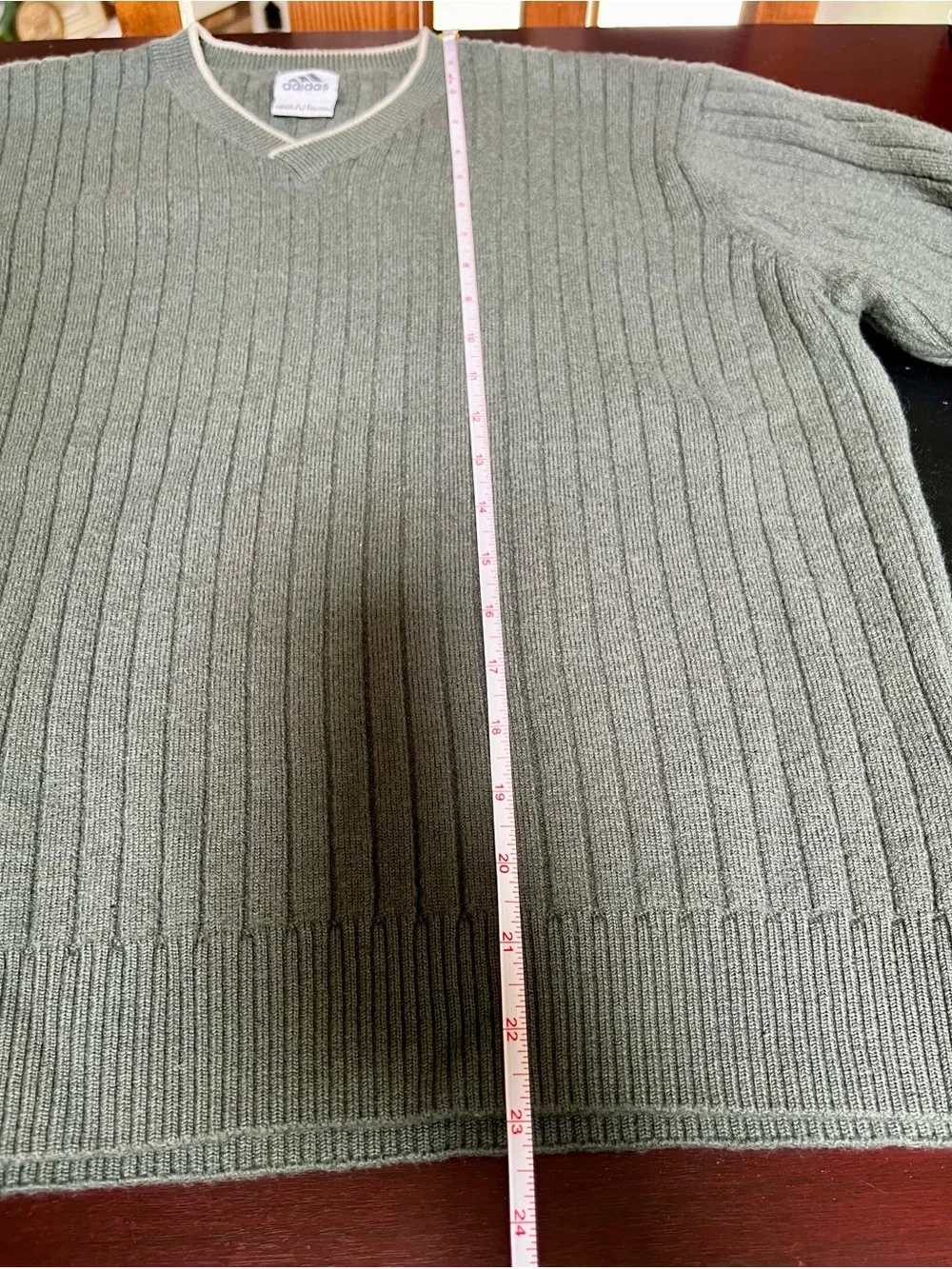 ADIDAS 2001 Vintage 100% Wool Ribbed V-Neck Sage/Gray Sweater